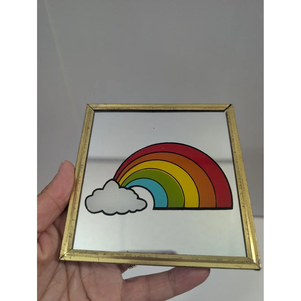 Vintage Rainbow Cloud Mirror Art Gold Frame Square Wall Hanging Retro Decor 70s